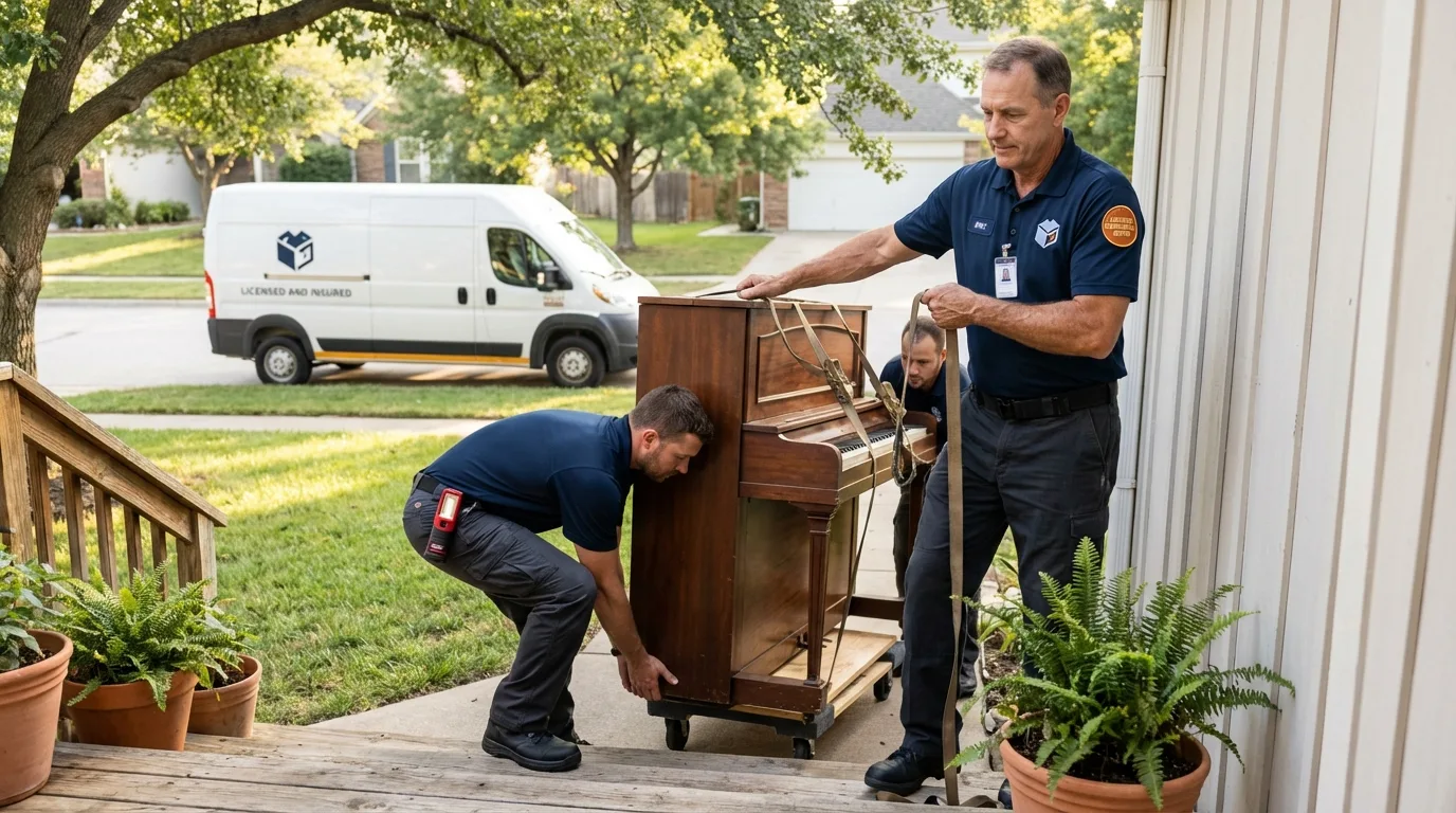Licensed piano movers securing grand piano in Hughesville, PA