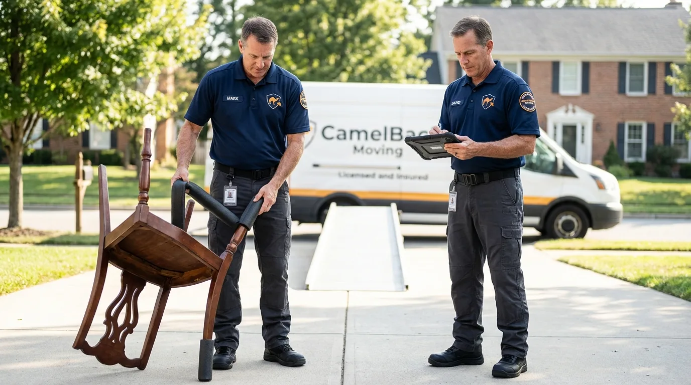 Movers inspecting furniture for damage prevention before loading in Hughesville, PA