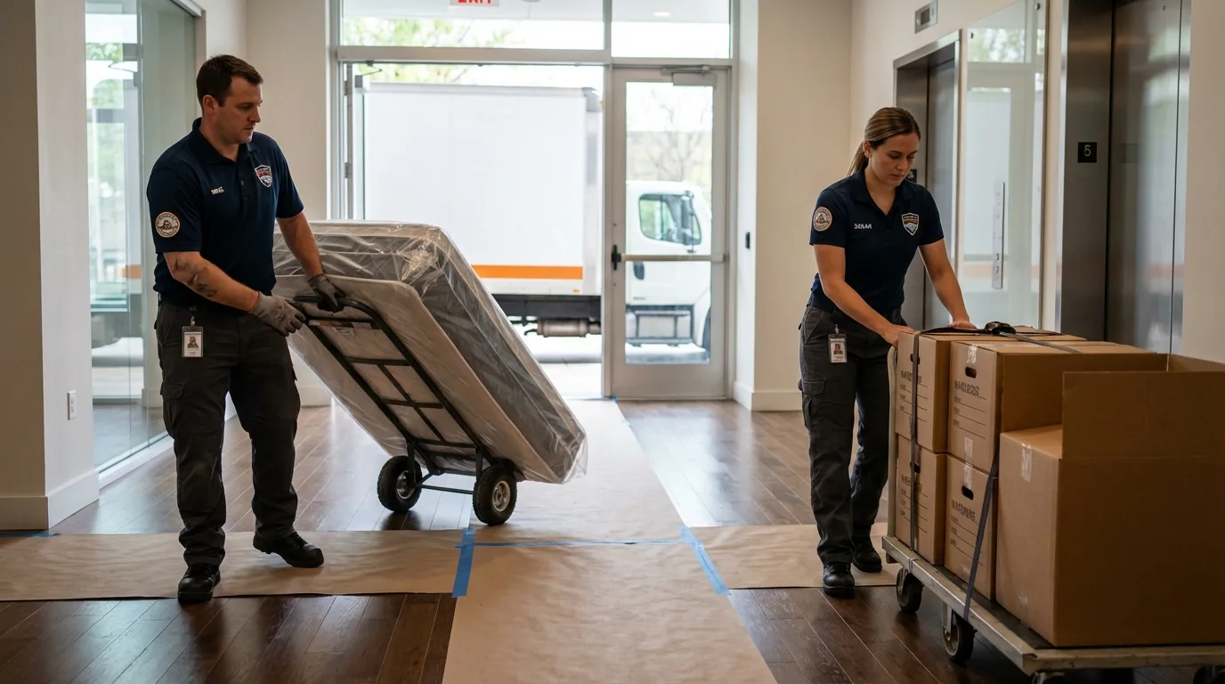 Professional apartment movers loading elevator in Hughesville, PA