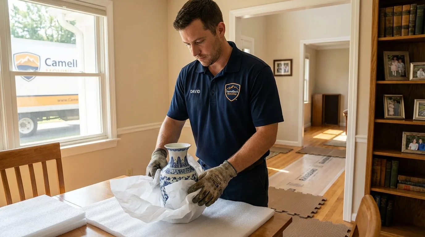 Professional crew carefully wrapping antique vase for senior downsizing move in Hughesville, PA